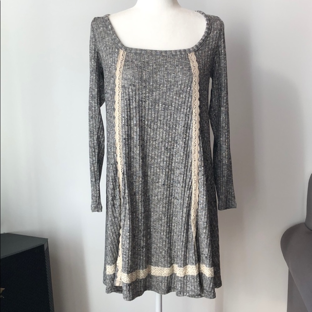 Long Sleeve Knit Dress Lace Gray Boho Boutique